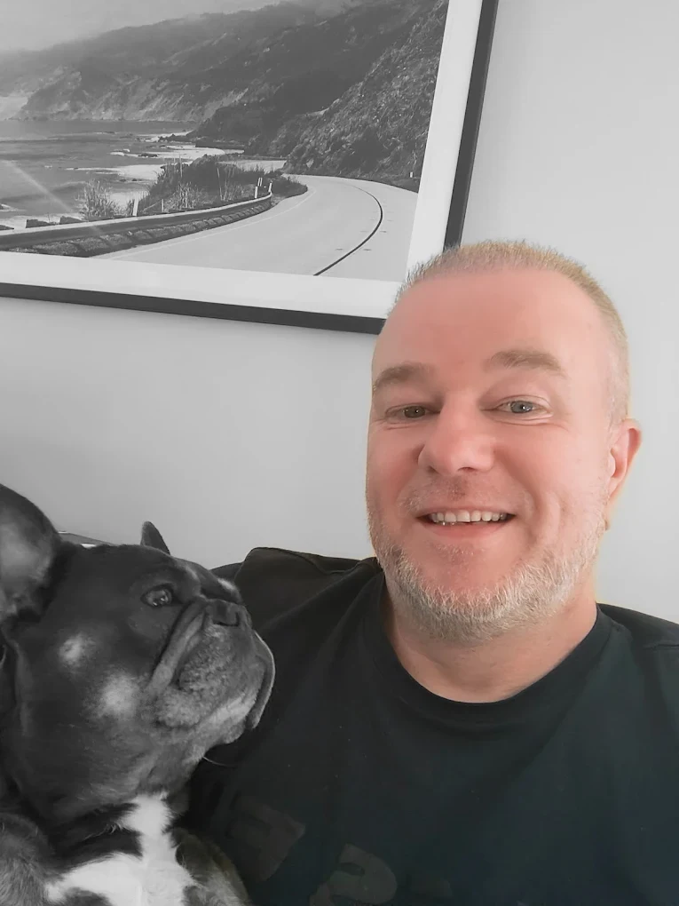 Michael Hawkins with French bulldog Kiki in Yeovil, Somerset.